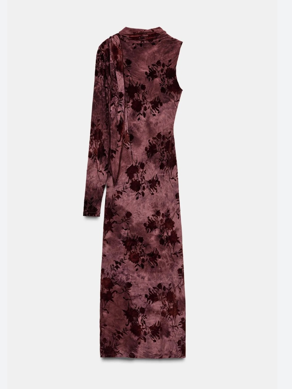 ZARA Asymmetric Velvet Floral Midi Dress in Deep Burgundy